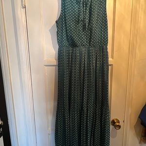 Madison Jules teal polka dot midi dress.
